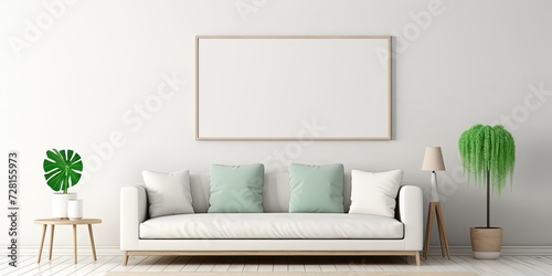 Understated living room with poster frame  modern sofa  table  and personal items. Creative decoration. Empty area. Template.