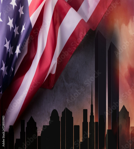 Boston skyline against rippled American Flag illustration 