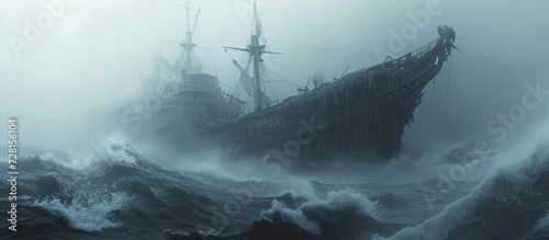 View of a Majestic Ship in the Destructive Sea: A Visual Journey through the View of a Destroyed Ship in the Vast Sea photo