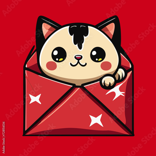 falt chibi cute cat isolated on a red lucky envelope