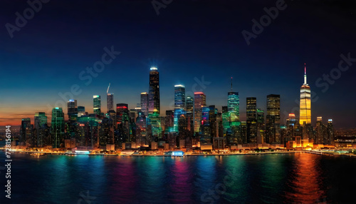 Nighttime. Cityscape. Urban. Skyline. Illuminated. Buildings. Lights. City Lights. Downtown. Skyscrapers. Metropolis. Night Scene. Urban Landscape. Modern. Architecture. Nightlife. AI Generated. © Say it with silence.