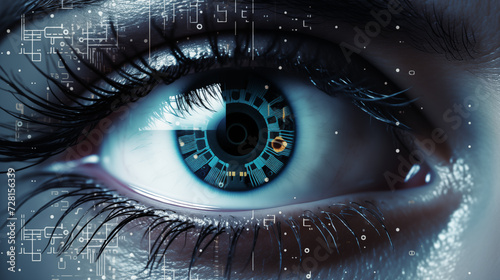 A human eye with an AI microchip implanted in the pupil.