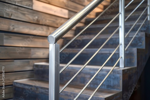 Close-up of an elegant steel stair railing with a polished texture and meticulous details. Close perspective of contemporary steel stair handrail.