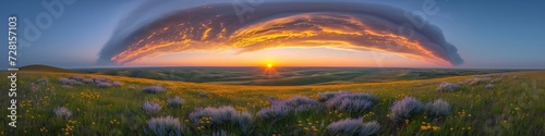 Expansive Sky with Sunset and Flower Field