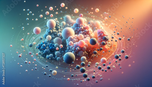 Abstract Clustering: Serene orbs in tranquil gradient background for tech and educational use.