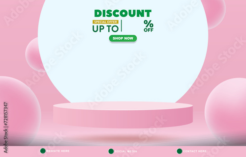 discount sale template banner with copy space 3d podium for product sale with abstract gradient pink and white background design