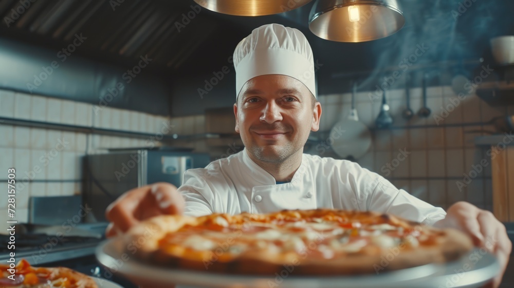 Pizzaiolo. The cook is preparing pizza. Pizzeria owner. Kitchen. Cooking food. Own business. Gastro Industry Pizzaiolo. The cook is preparing pizza. Pizzeria owner. Kitchen. Cooking food. Own business. Gastro Industry