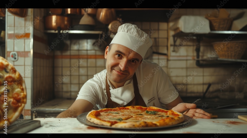 Pizzaiolo. The cook is preparing pizza. Pizzeria owner. Kitchen. Cooking food. Own business. Gastro Industry