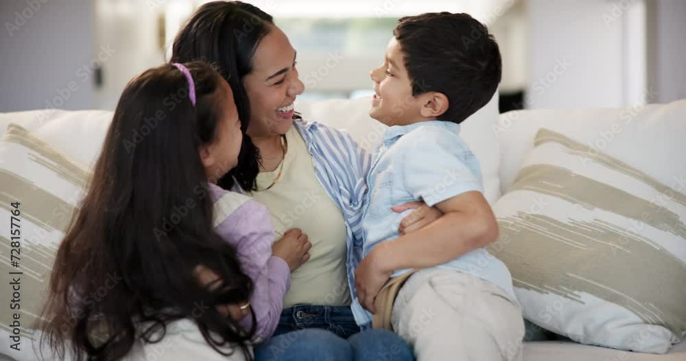 Running, sofa or mom with children to hug in home for care, safety or bonding together to relax. Smile, siblings or happy single parent mother with kids for support, trust or security in family house Running, sofa or mom with children to hug in home for care, safety or bonding together to relax. Smile, siblings or happy single parent mother with kids for support, trust or security in family house
