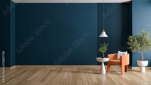 Dark Green color,modern living room interior , orenge armchair and white  table ,Dark Green wall mockup ,3d  render photo