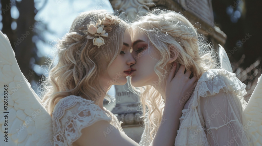 Naklejka premium Perched on a crumbling gravestone two angelic beings with ivory wings and stained lips share a forbidden kiss bound by a love that knows no restraint.