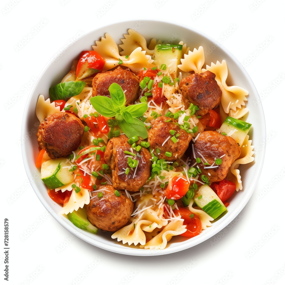 a farfalle pasta durum wheat with baked meatballs of chicken fillet in tomato sauce and salad in bowl, studio light , isolated on white background a farfalle pasta durum wheat with baked meatballs of chicken fillet in tomato sauce and salad in bowl, studio light , isolated on white background