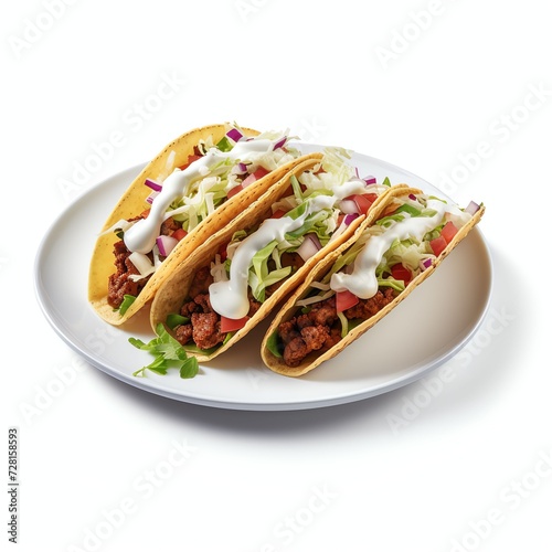 a delicious tacos on white plate, studio light , isolated on white background