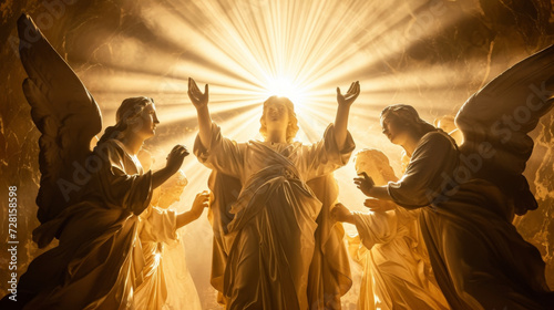 A group of angels gathered around a holy figure their faces aglow with adoration and reverence.
