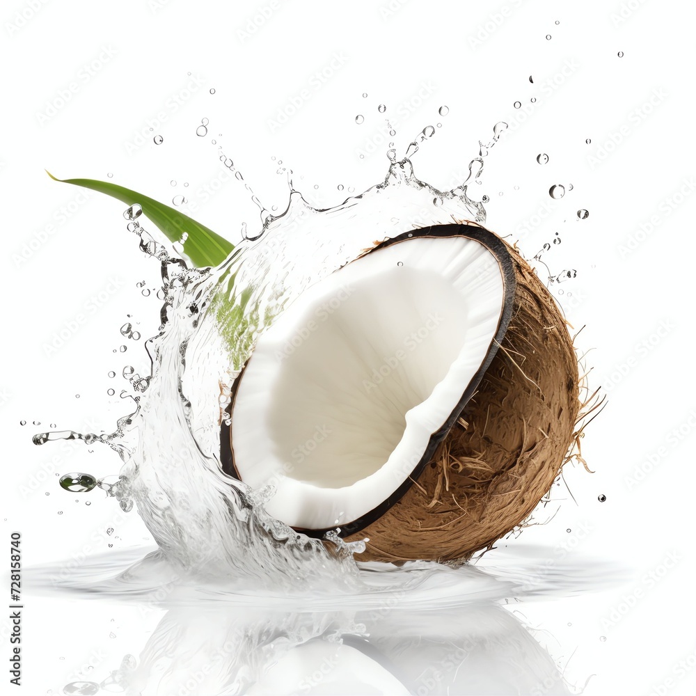 a fresh coconut splashing water, studio light , isolated on white background a fresh coconut splashing water, studio light , isolated on white background