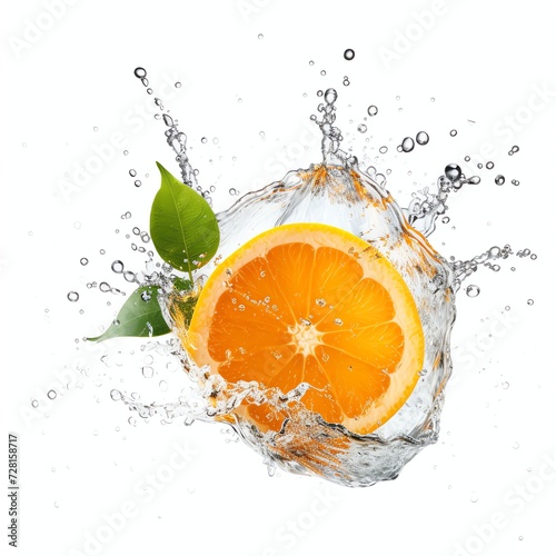 a fresh orange splashing water, studio light , isolated on white background
