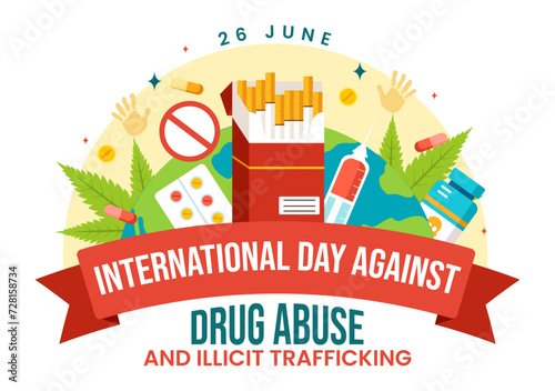 International Day Against Drug Abuse and Illicit Trafficking Vector Illustration with Anti Narcotics to Avoid Drugs and Medicines in Flat Background