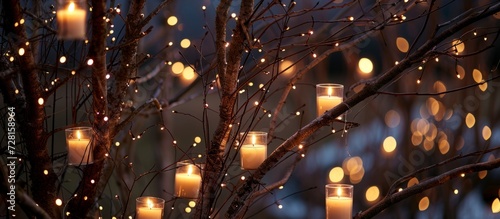 Candlelit Serenity: Illuminating Tree Branches with Candles, Branches Adorned with Candles Embracing Nature's Beauty photo