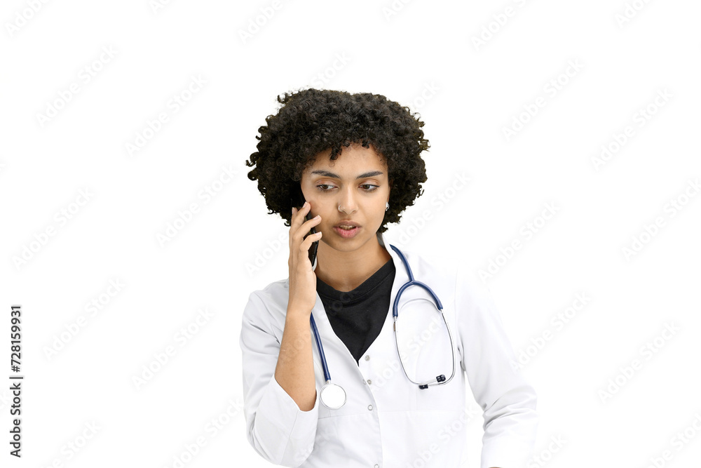 Female doctor, close-up, on a white background, with a phone Female doctor, close-up, on a white background, with a phone
