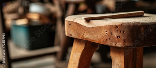 Repairing oak stool at home by applying glue manually. photo