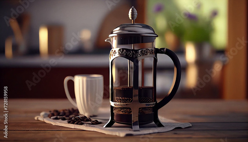 French press with black tea or espresso coffee on the table background, Ai generated image