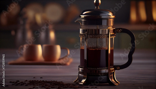 French press with black tea or espresso coffee on the table background, Ai generated image