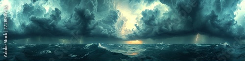 Panoramic Storm Clouds over Ocean at Dusk