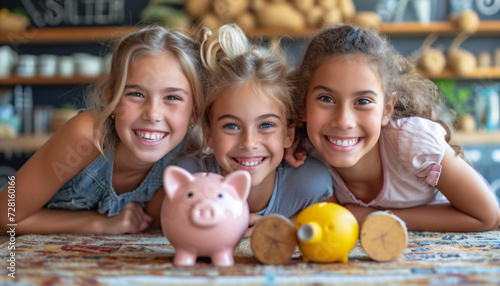 Three little girls saving on piggy bank