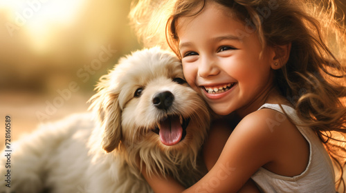 Child smiling and playing with a beloved pet