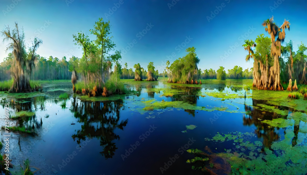 Swamp Landscape. Wetland. Marsh. Nature. Water. Vegetation. Wilderness. Serene. Atmospheric. Boggy. Ecosystem. Scenic. Rural. Wildlife Habitat. Greenery. Muddy. AI Generated.