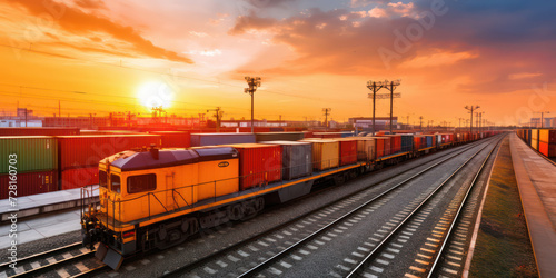 Sunset Freight: A Majestic Industrial Train Carrying Cargo and Containers Through a Vibrant Railway Station at Dusk