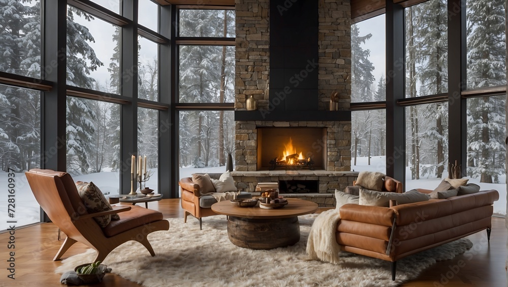 A living room has large windows, winter conditions and a fireplace A living room has large windows, winter conditions and a fireplace