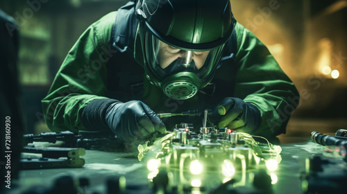 Intense focus of a bomb disposal expert in light green and black