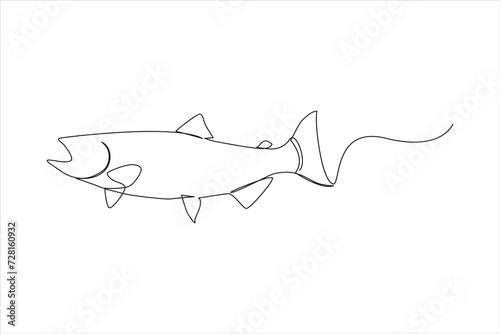 Salmon fish in One continuous line drawing. Fresh seafood in linear sketch style on white background. Vector illustration
