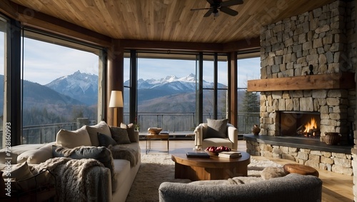 A living room has large windows  winter conditions and a fireplace