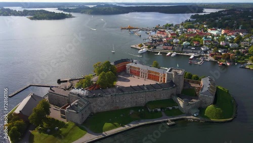 Drone shot flying around the Vaxholm Fortress in Sweden near Stockholm. photo