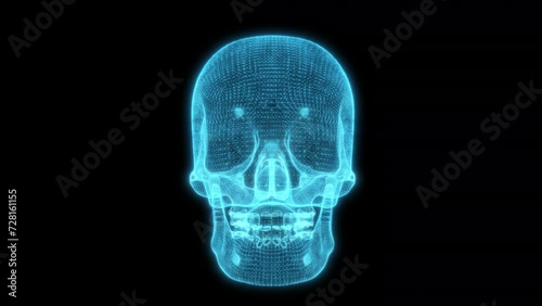 Neon Blue Human Head Skull 4k glowing 3d Hologram Skeleton loop animation for medical, educational and anatomy