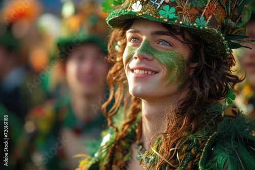 Smiling person in a green hat at a parade.