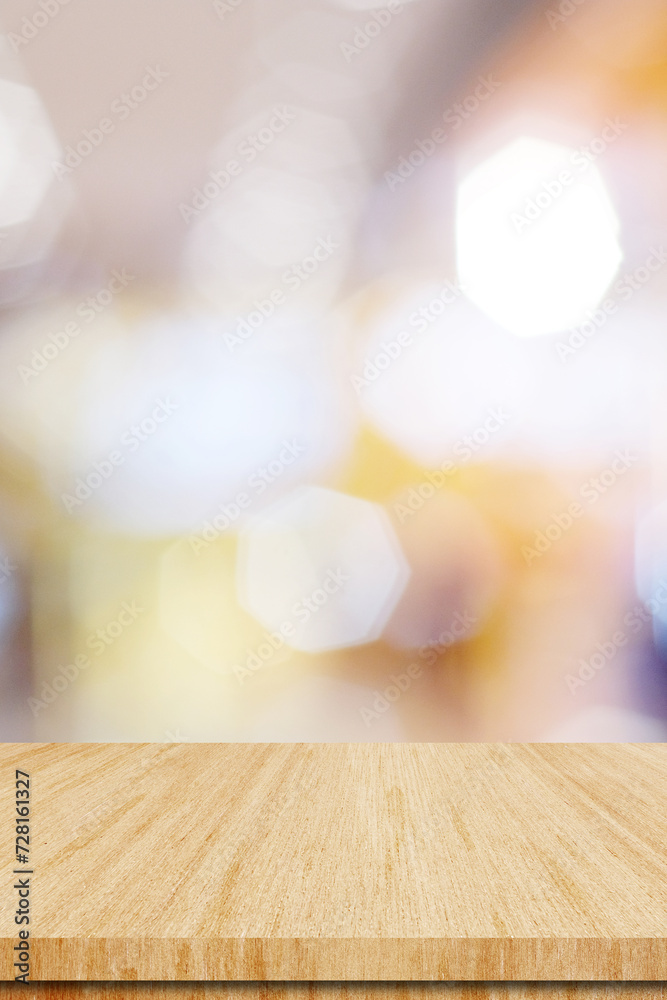 Vertical wood table background and blur background, Empty wooden counter, shelf surface over blur restaurant with bokeh background, product display backdrop, banner, mock up, template