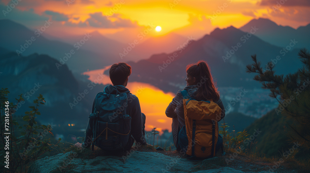A couple with backpacks sitting on a mountain, overlooking a panoramic cityscape at sunset.