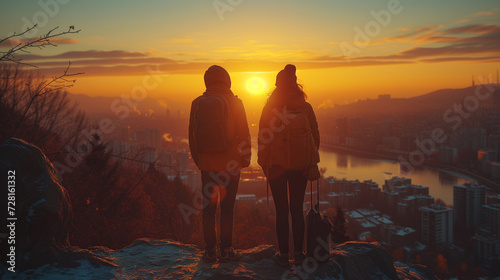 A couple with backpacks standing on a mountain, overlooking a panoramic cityscape at sunset.