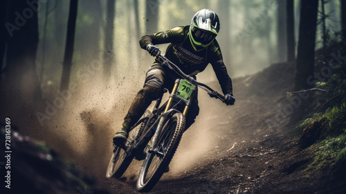 Female downhill mountain biker in a light green and black forest © Graphics.Parasite