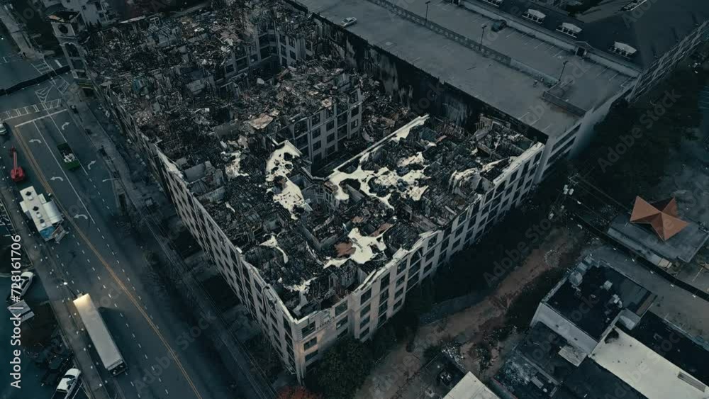 Ash and coal of skyscraper neighborhood after fire. Burned down building in USA.Aerial top down. Ash and coal of skyscraper neighborhood after fire. Burned down building in USA.Aerial top down.
