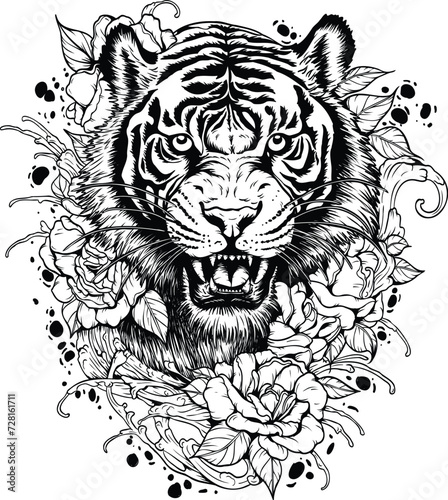 Fototapeta Naklejka Na Ścianę i Meble -  Tiger tattoo with flowers : Strength and gentleness are forged together through meticulously hand-drawn tattoos.