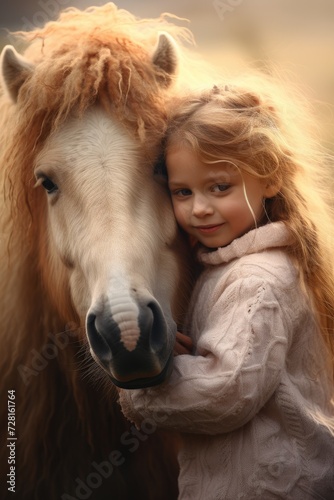 Small cute girl with golden hair gently presses against a pony