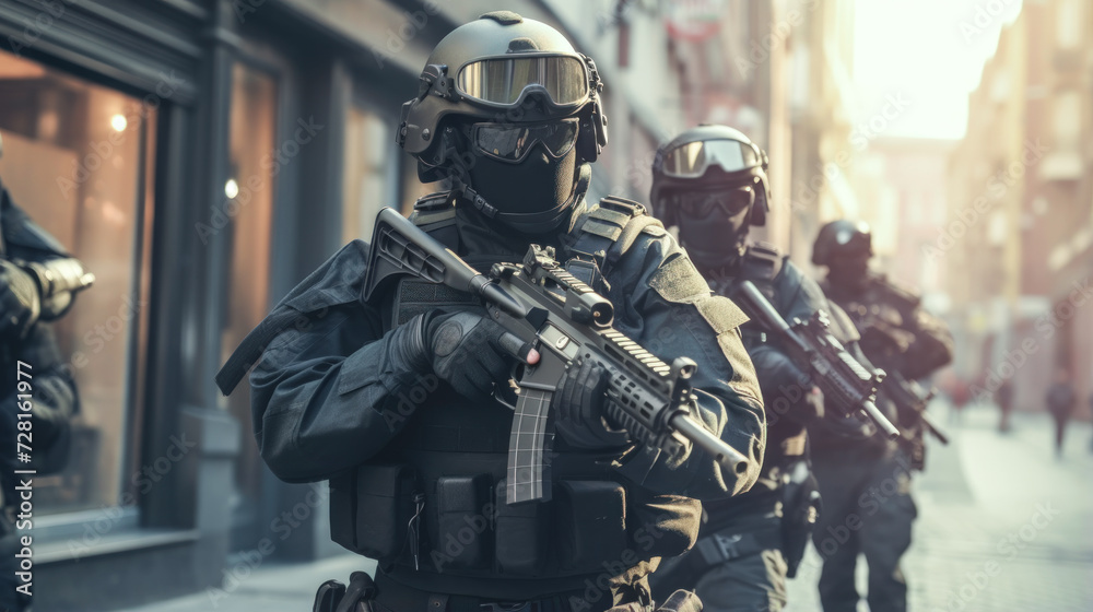 Naklejka premium Light green and black counterterrorism unit in urban combat training