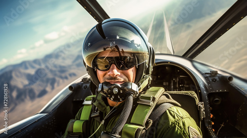 fighter jet Pilot in a light green and black flight suit performing aerobatic maneuvers © Graphics.Parasite