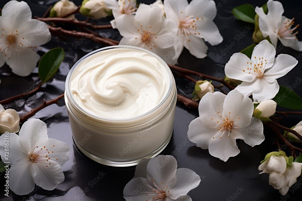 Jar with cream for face and white flowers. Jar with cream for face and white flowers.