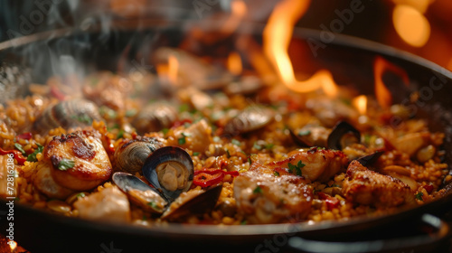 A sumptuous paella made with hearty ingredients like chicken clams and artichokes all elevated by the smoky essence of cooking over an open flame. The flames leave a charred
