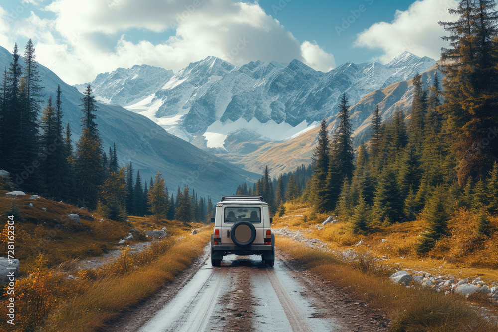 SUV on a snowy trail near a mountain lake. SUV on a snowy trail near a mountain lake.